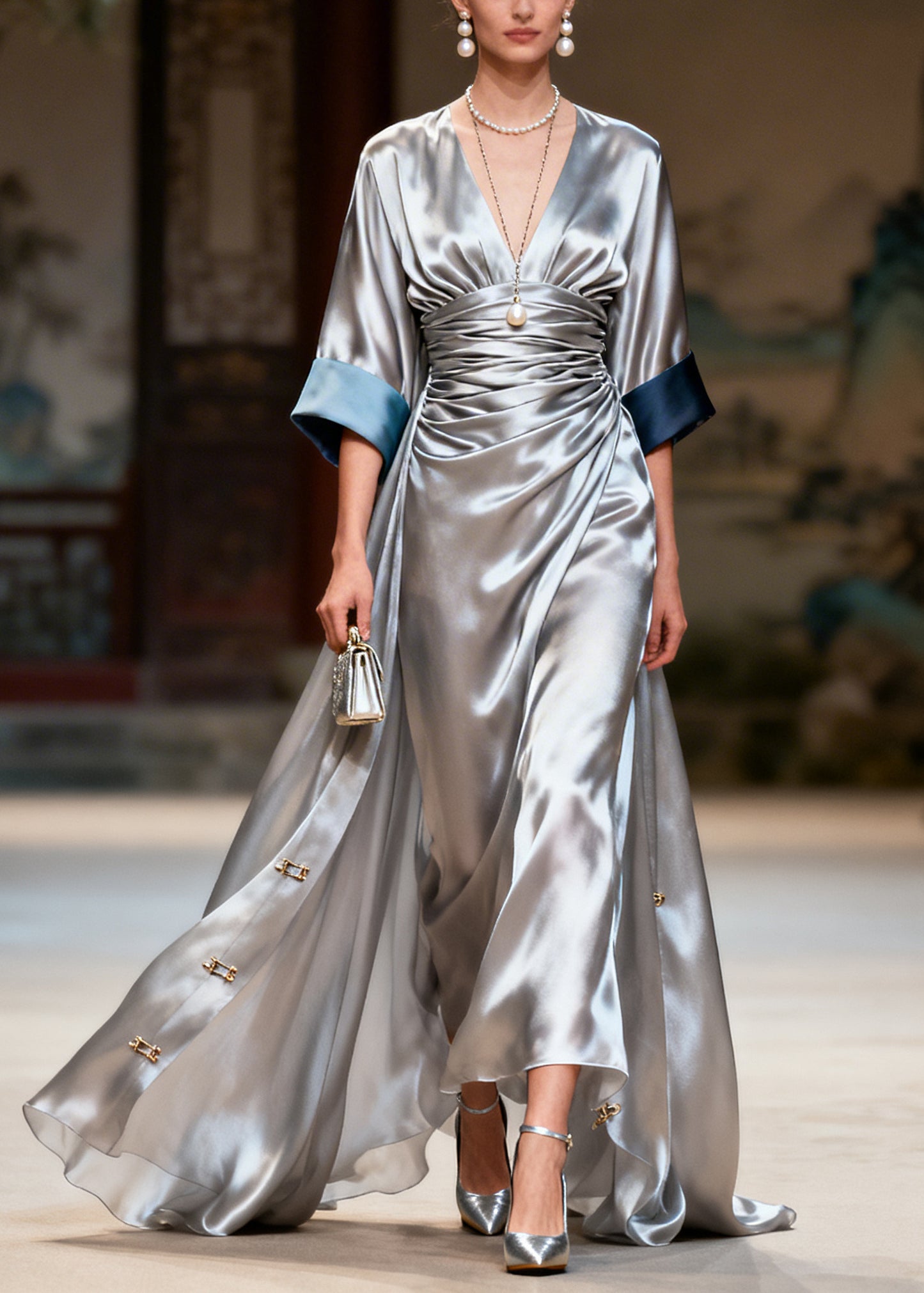 Casual Grey Exra Large Hem Wrinkled Silk Party Dresses Summer