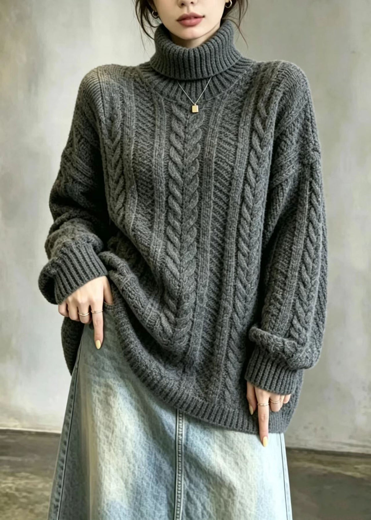 Casual Grey Hign Neck Oversized Cable Knit Pullover Long Sleeve