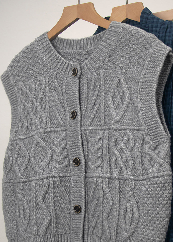 Casual Grey O Neck Button Knit Vest Tops Sleeveless