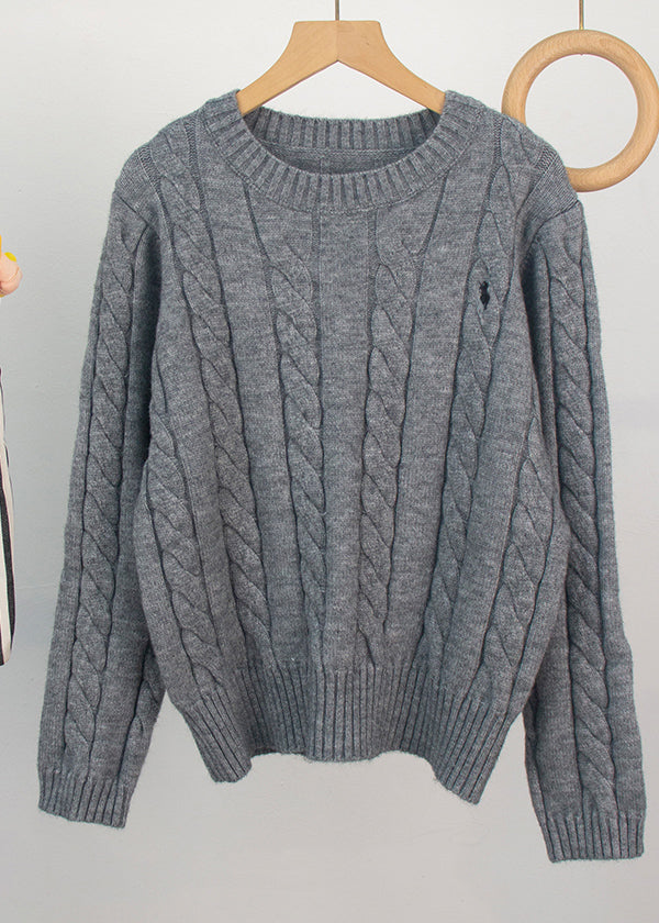 Casual Grey O-Neck Embroidered Knitted Sweaters Spring
