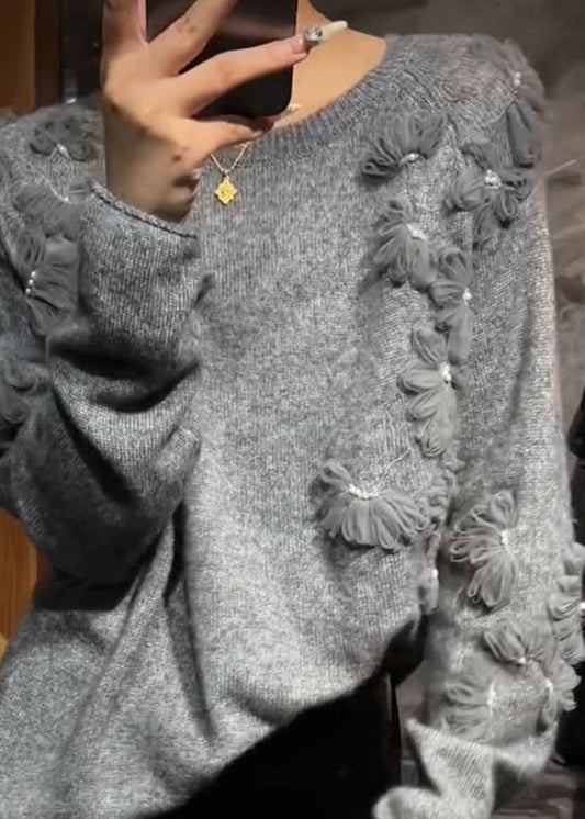 Casual Grey O-Neck Floral Cotton Knit Sweater Spring