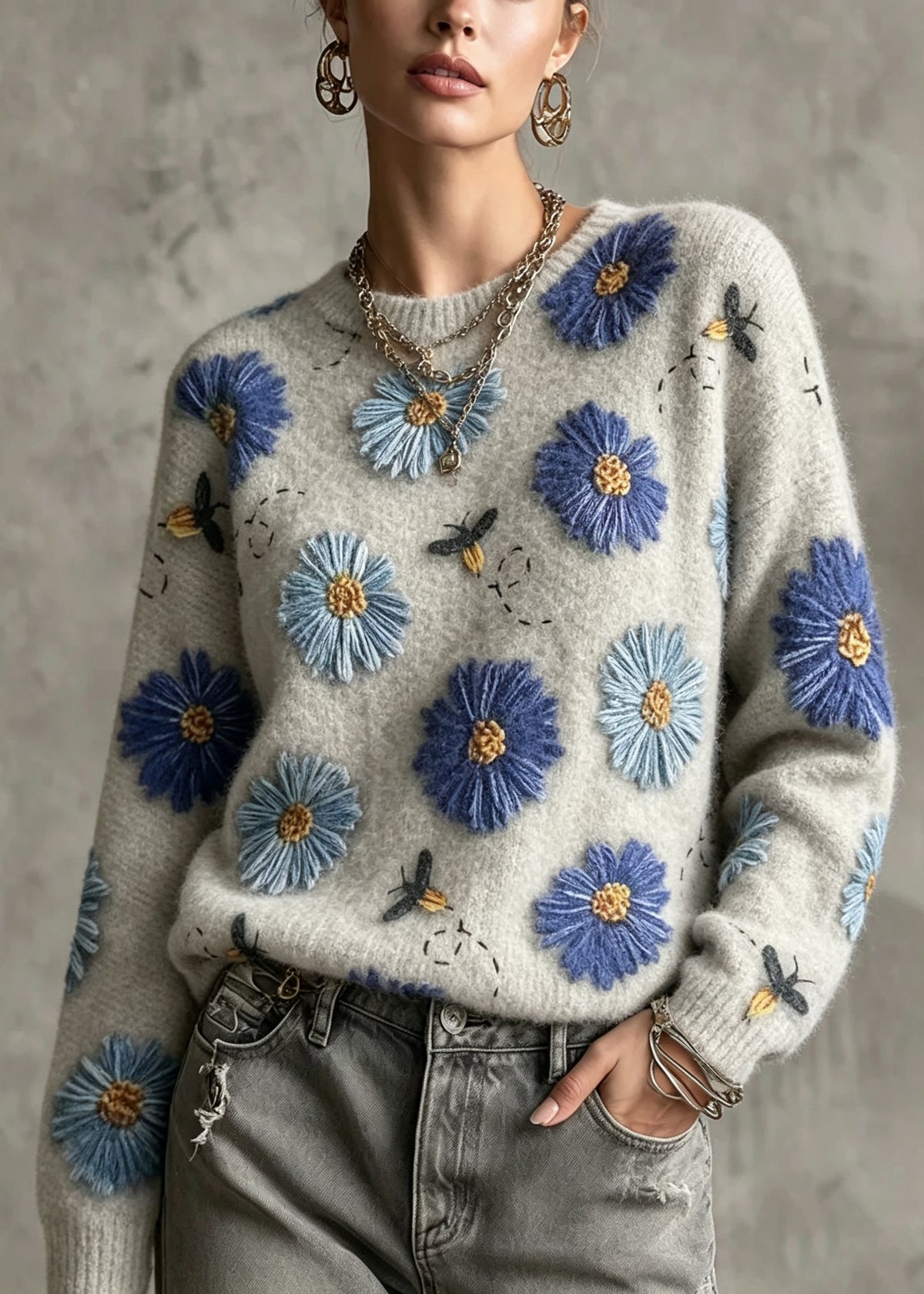 Casual Grey O-Neck Floral Cotton Knit Sweaters Fall