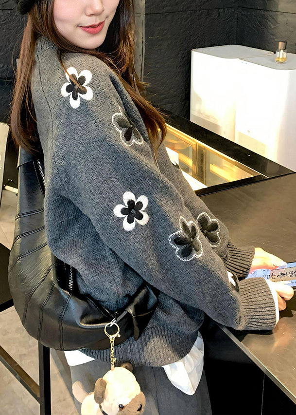 Casual Grey O Neck Floral Knit Sweater Tops Spring