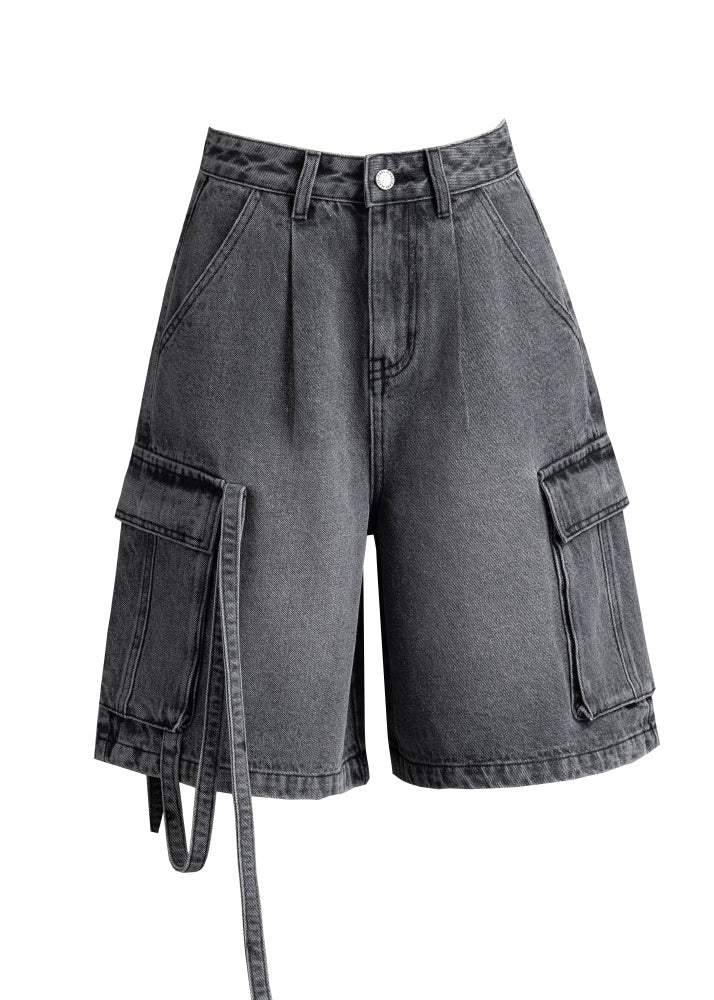 Casual Grey Oversized Pockets Denim Crop Pants Summer