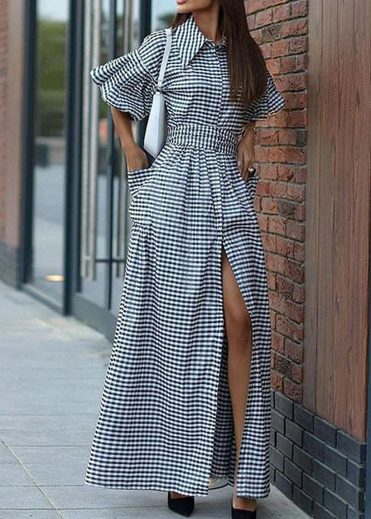 Casual Grey Plaid Tie Waist Long Dresses Summer