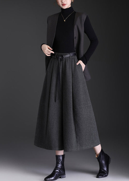 Casual Grey Pockets High Waist Woolen Wide Leg Crop Pants Skirt Fall