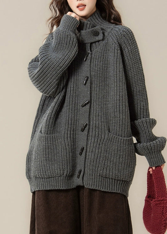 Casual Grey Stand Collar Thick Cotton Knit Cardigans Winter
