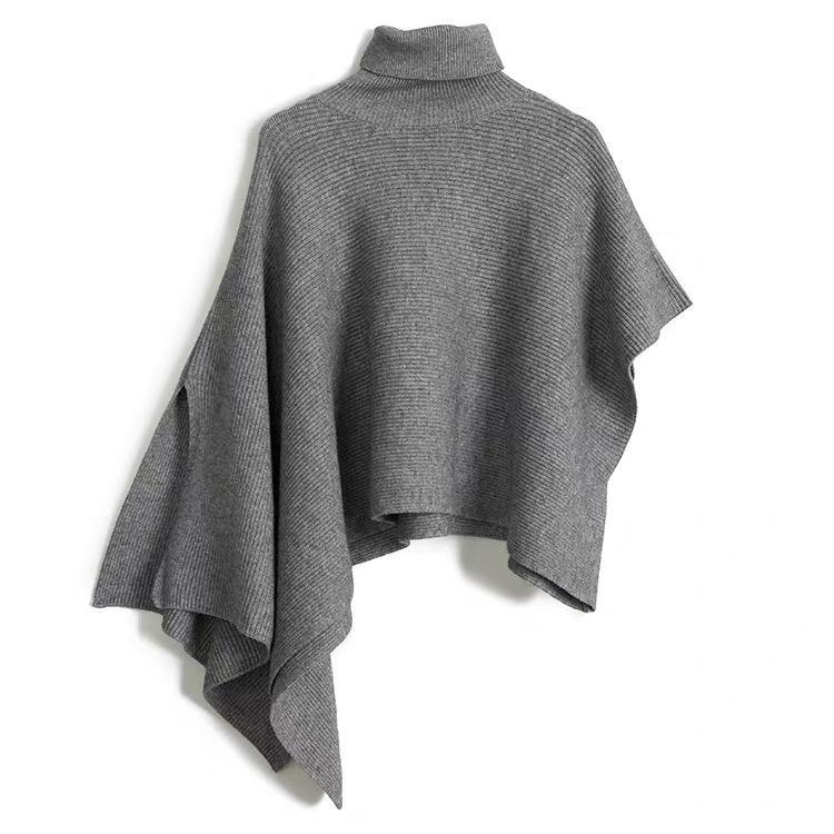 Sweater tops Casual Grey Turtleneck asymmetrical design Cloak Sleeves Knit Top - SooLinen