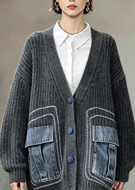 Casual Grey V Neck Button Patchwork Knit Cardigans Fall