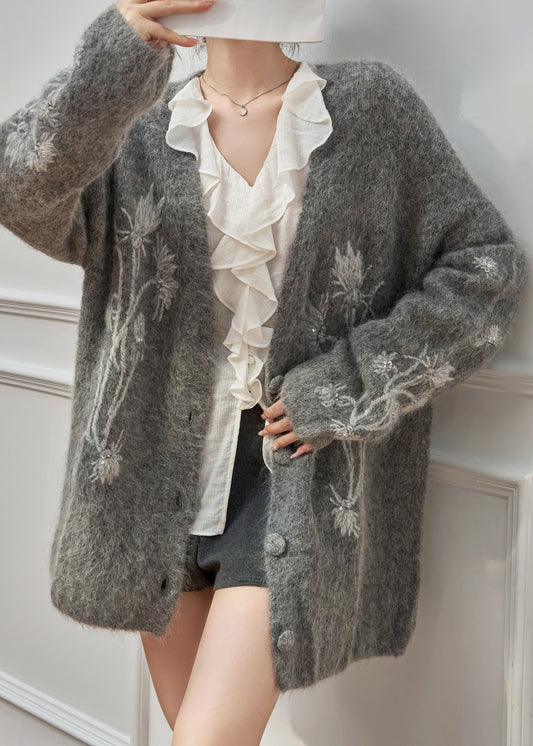 Casual Grey V Neck Embroidered Floral Cotton Knit Cardigan Spring