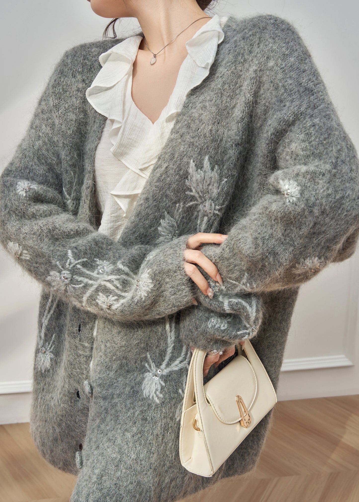 Casual Grey V Neck Embroidered Floral Cotton Knit Cardigan Spring