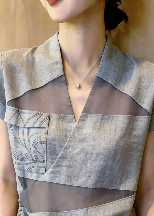 Casual Grey V Neck Patchwork Tulle Shirt Tops Summer