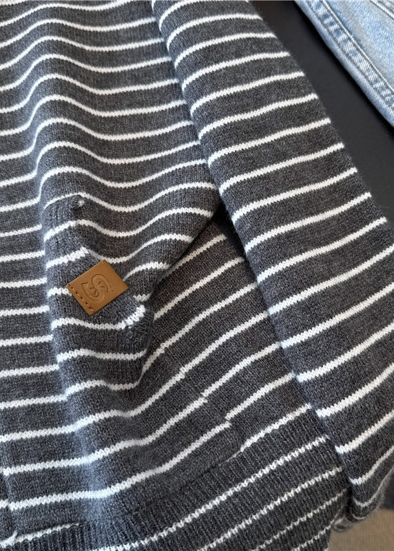 Casual Grey Zip Up Striped Hooded Knit Coats Spring