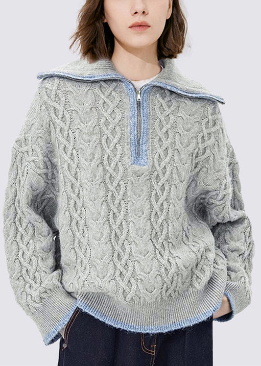 Casual Grey Zippered Patchwork Thick Cotton Knit Sweaters Tops Fall