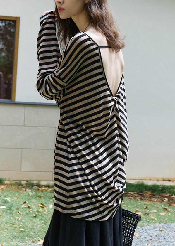 Casual Khaki Backless Striped Cotton Tops Summer