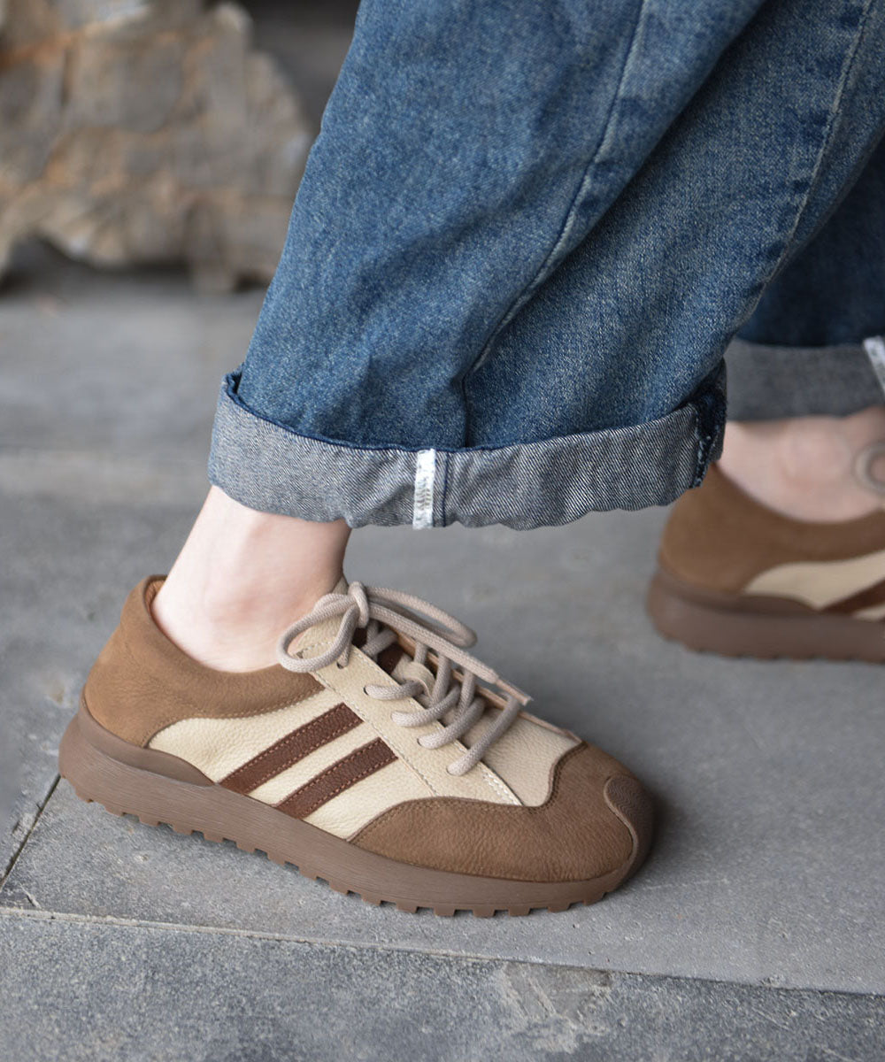 Casual Khaki Cowhide Leather Flat Sport Shoes Splicing Lace Up