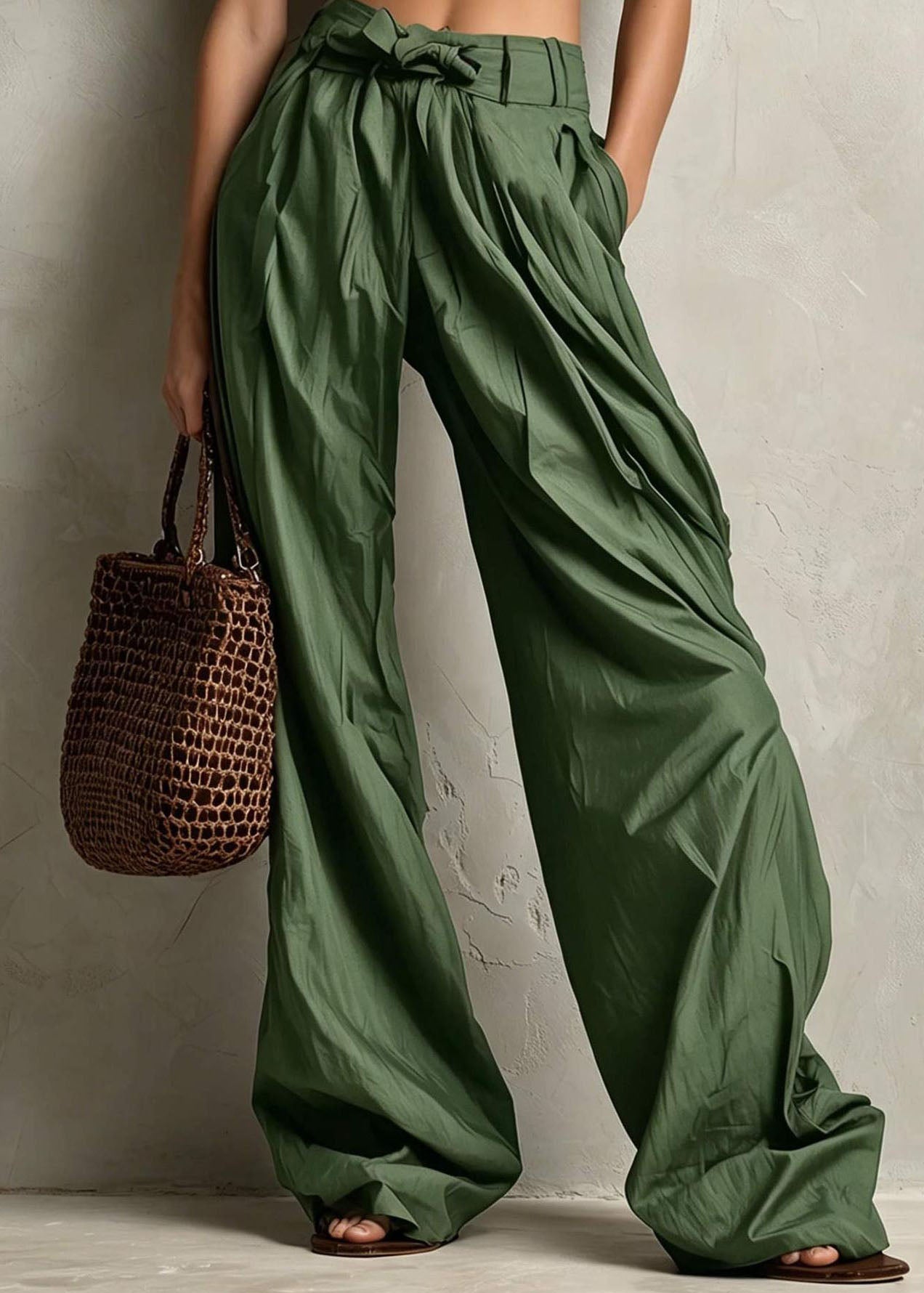 Casual Khaki High Waist Tie Waist Pockets Wide Leg Pants Fall