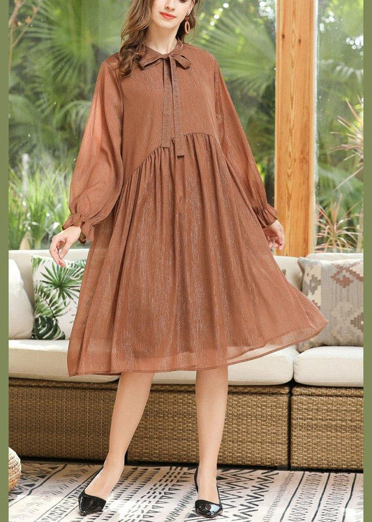 Casual Khaki Long sleeve Chiffon Summer Dresses - SooLinen