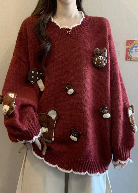 Casual Khaki O Neck Cartoon Knit Sweaters Winter
