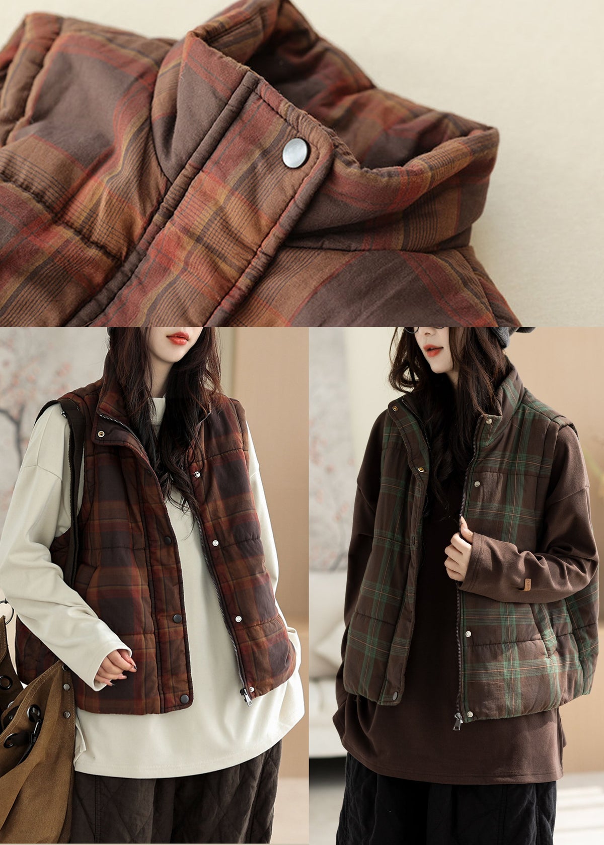 Casual Khaki Plaid Warm Fine Cotton Filled Vests In Winter