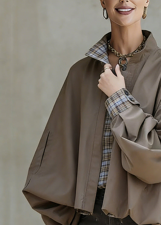 Casual Khaki Stand Collar Pockets Patchwork Low High Design Coat Spring