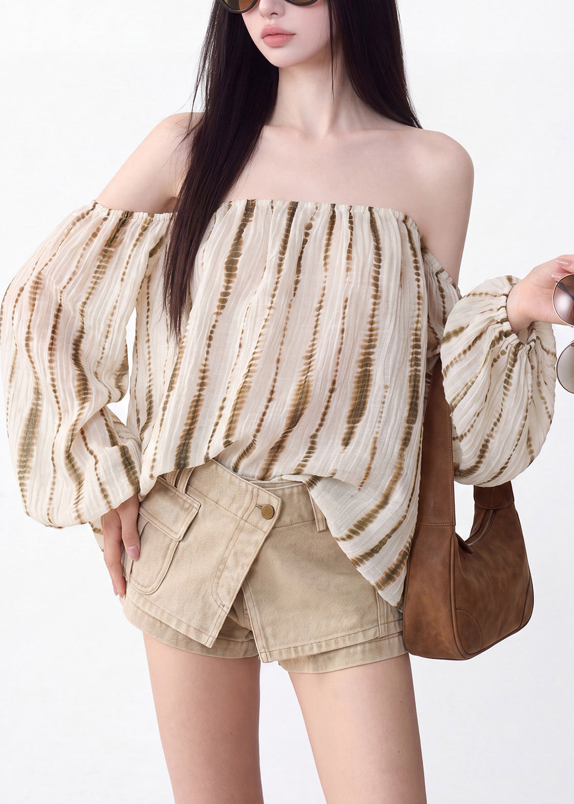 Casual Khaki Striped Slash Neck Top Summer