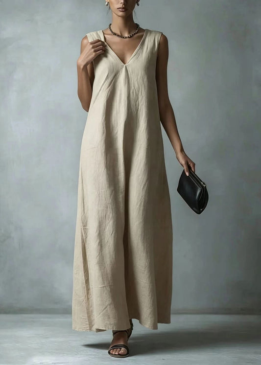 Casual Khaki V Neck Exra Large Hem Maxi Dresses Sleeveless