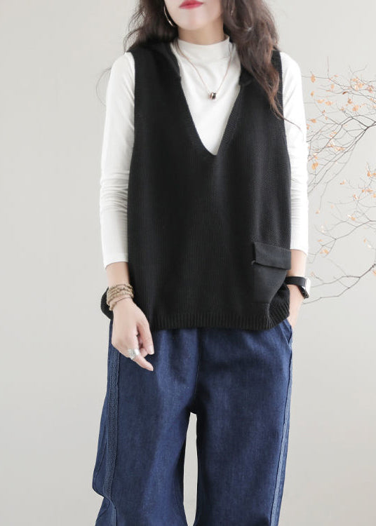 Casual Khaki V Neck Hooded Knit Vest Sleeveless