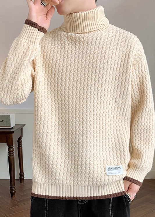 Casual Light Khaki Striped Patchwork Knit Mens Sweaters Winter