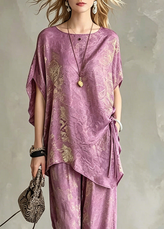 Casual Light Purple Asymmetrical Tie Waist Silk T Shirts And Wide Leg Pants Two Pieces Set Short Sleeve