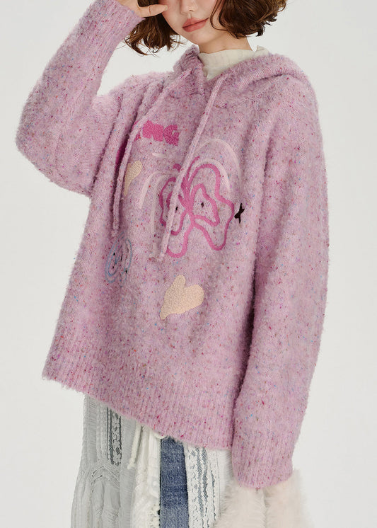 Casual Light Purple Hooded Jacquard Knit Loose Sweatshirt Winter