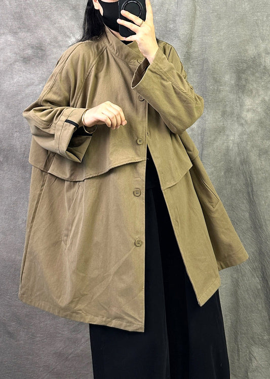 Casual Loose Grey Pockets Button Patchwork Cotton Coat Fall