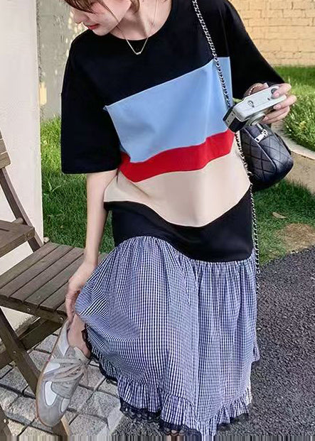 Casual Mixed Color Oversized Patchwork Cotton Long Dress Summer