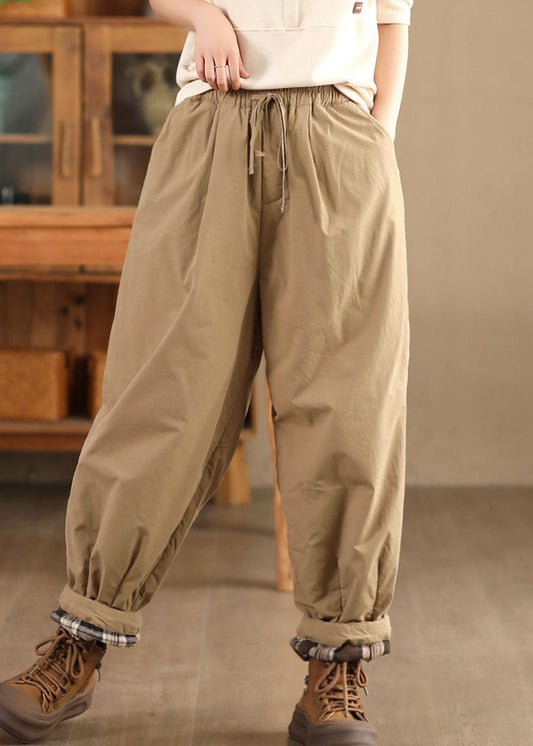 Casual Mulberry Pockets Elastic Waist Warm Fleece Pants Winter
