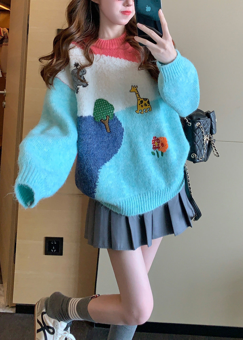 Casual Multicolor Patchwork O-Neck Embroidered Knit Sweater Top Fall