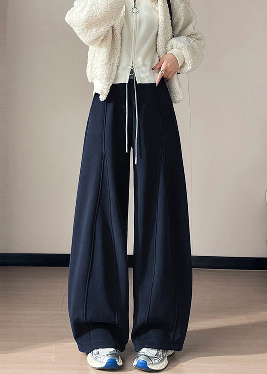 Casual Navy Patchwork Warm Fleece Wide Leg Pants Oversized Winter