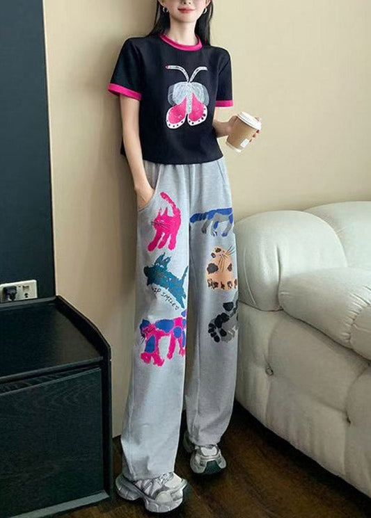 Casual O-Neck Print Patchwork Top Jeans And Two Pieces Set Summer