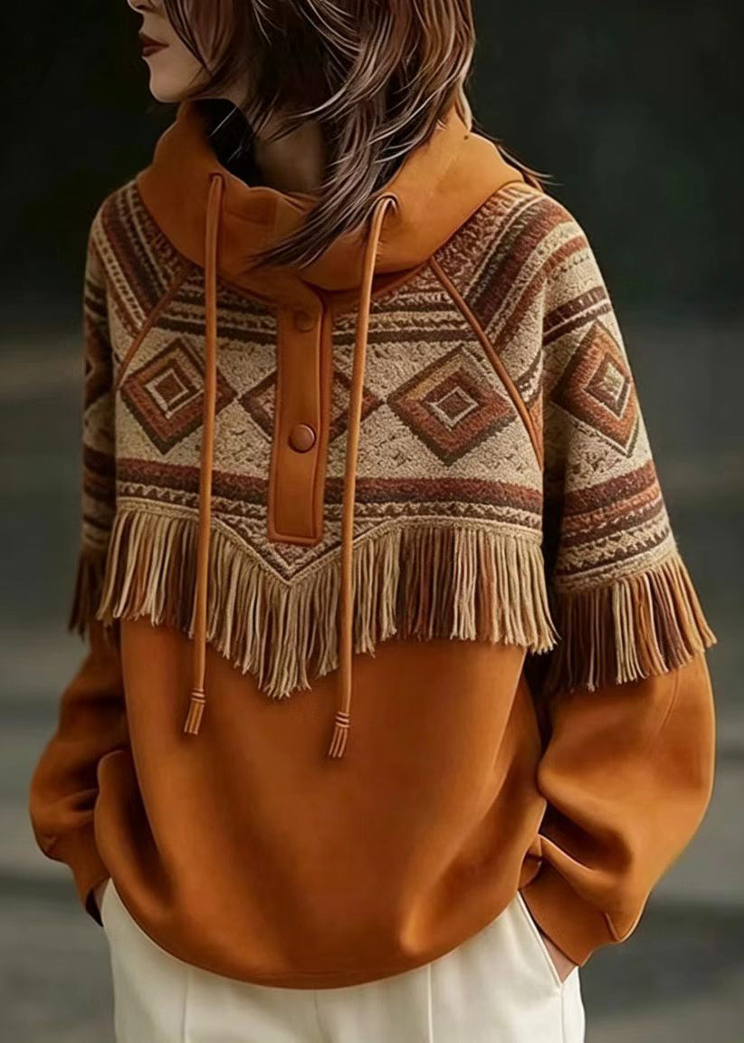 Casual Orange Hooded Drawstring Geometric Tassel Sweatshirts Top Fall