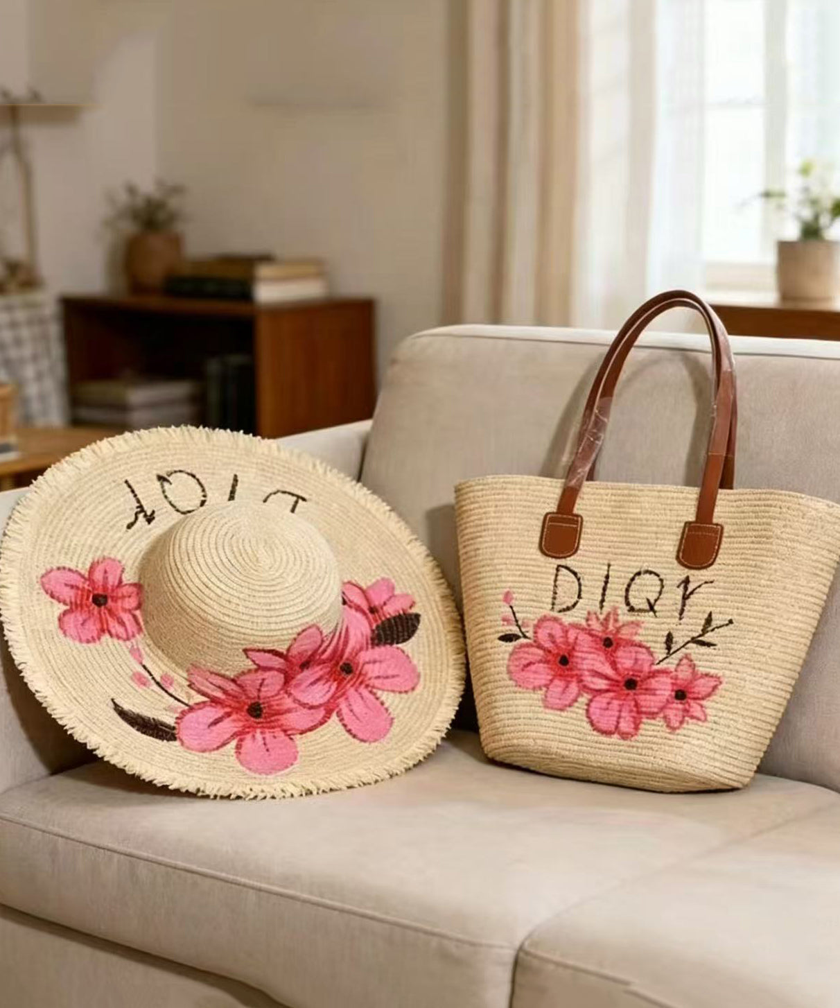 Casual Pink Flower Print Straw Woven Floppy Sun Hat And Shoulder Handbag Two Pieces Set