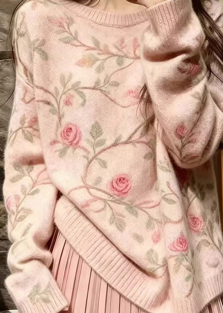 Casual Pink O-Neck Floral Knit Shirts Long Sleeve