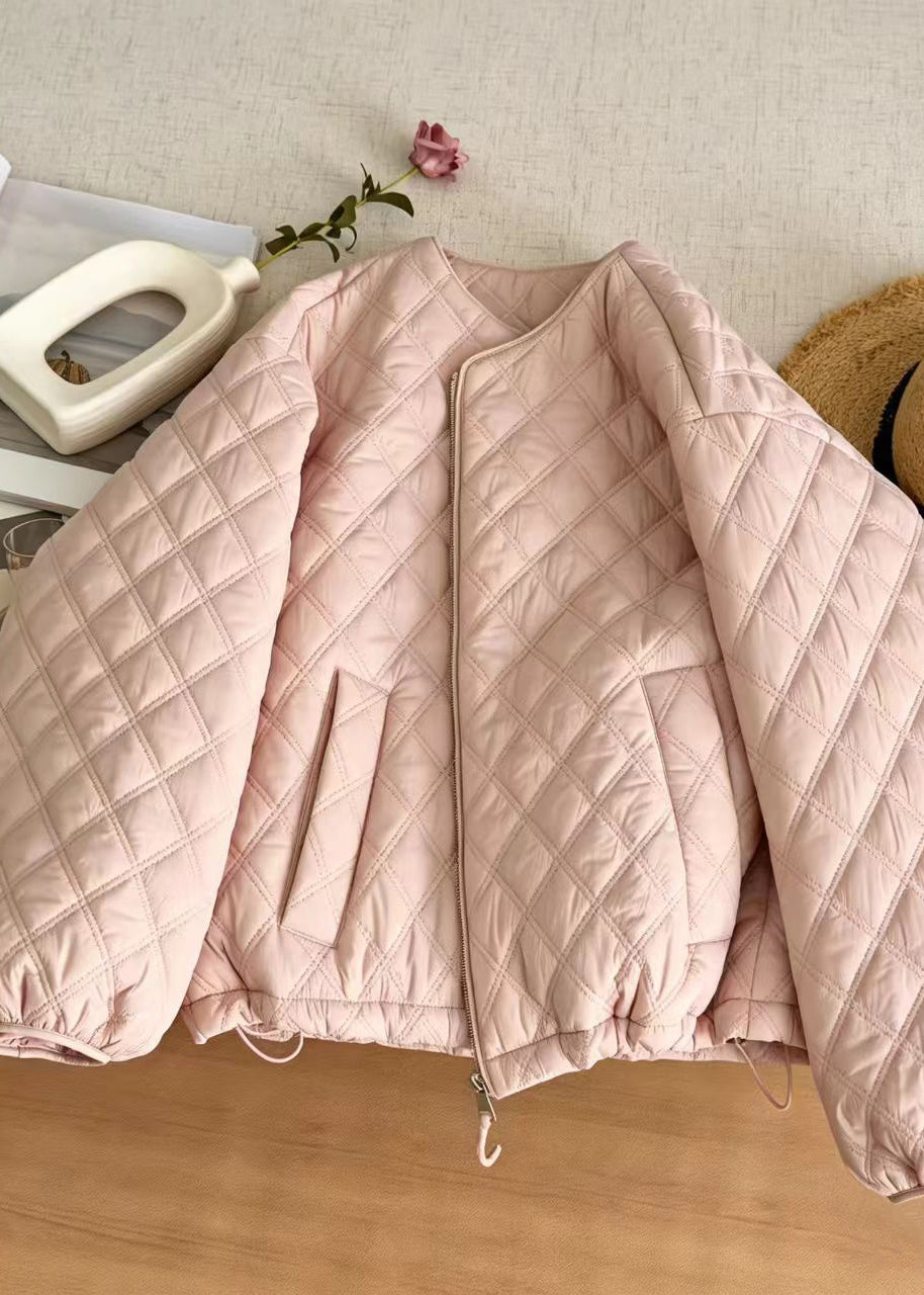 Casual Pink O-Neck Quilted Cotton Filled Jackets Winter
