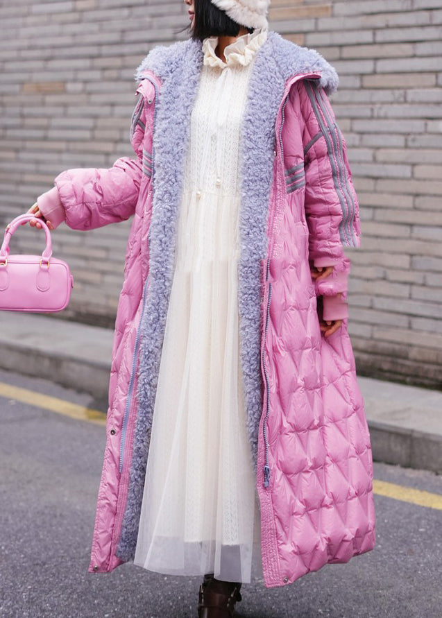 Casual Pink Peter Pan Collar Plaid Fleece Wool Lined Maxi Parka Winter