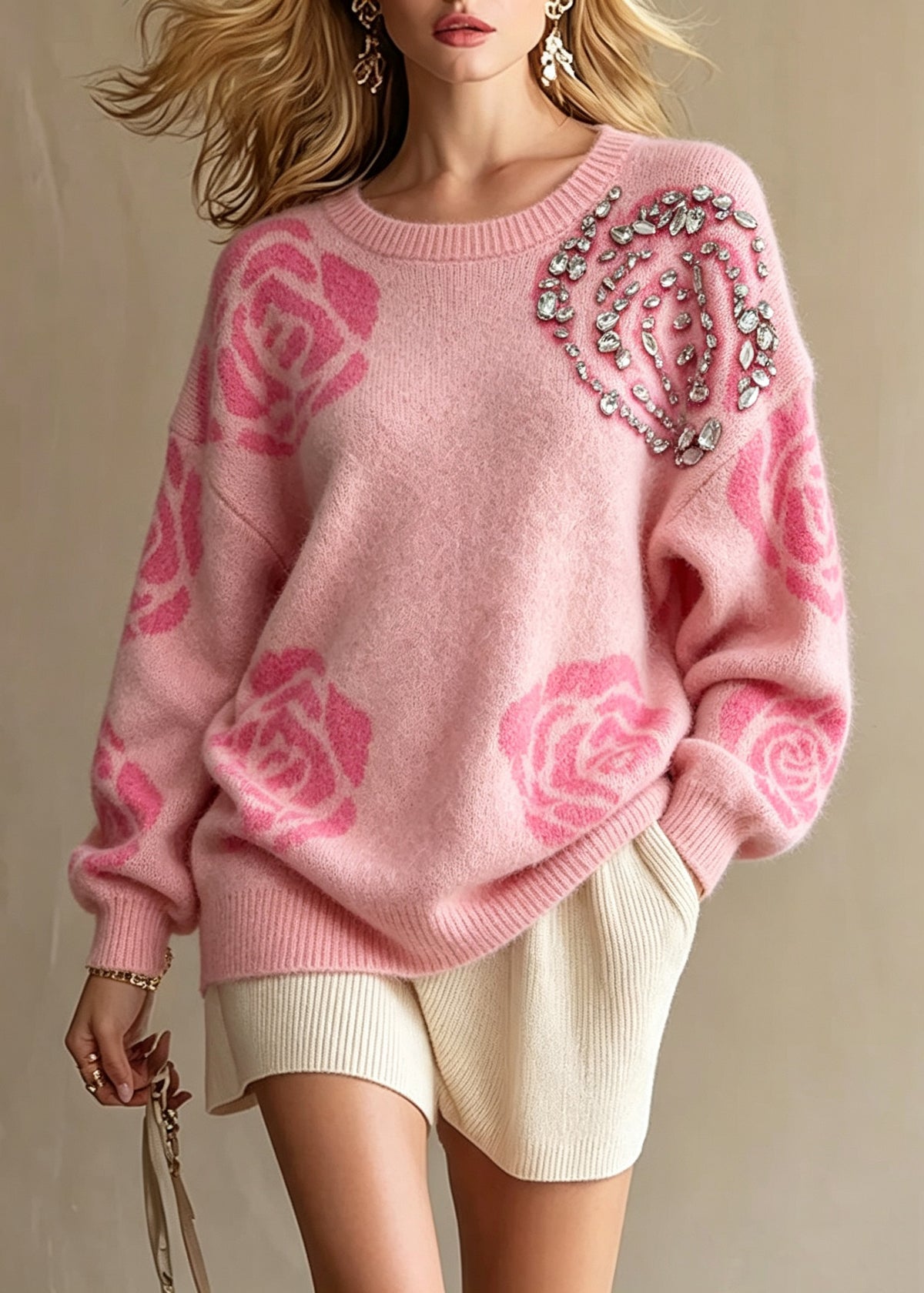 Casual Pink Print Nail Bead Cotton Knit Sweaters Fall