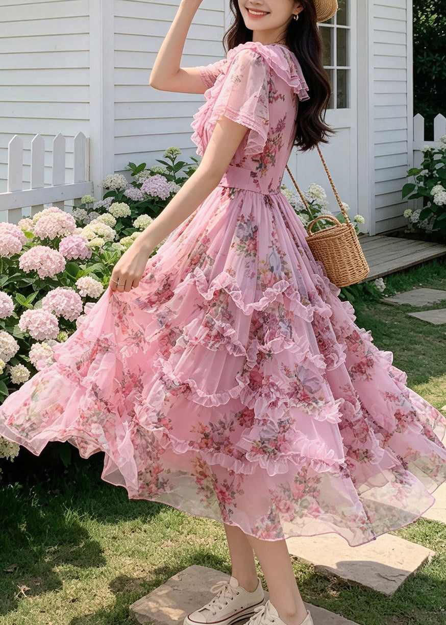 Casual Pink Ruffled Print Chiffon Maxi Dresses Summer