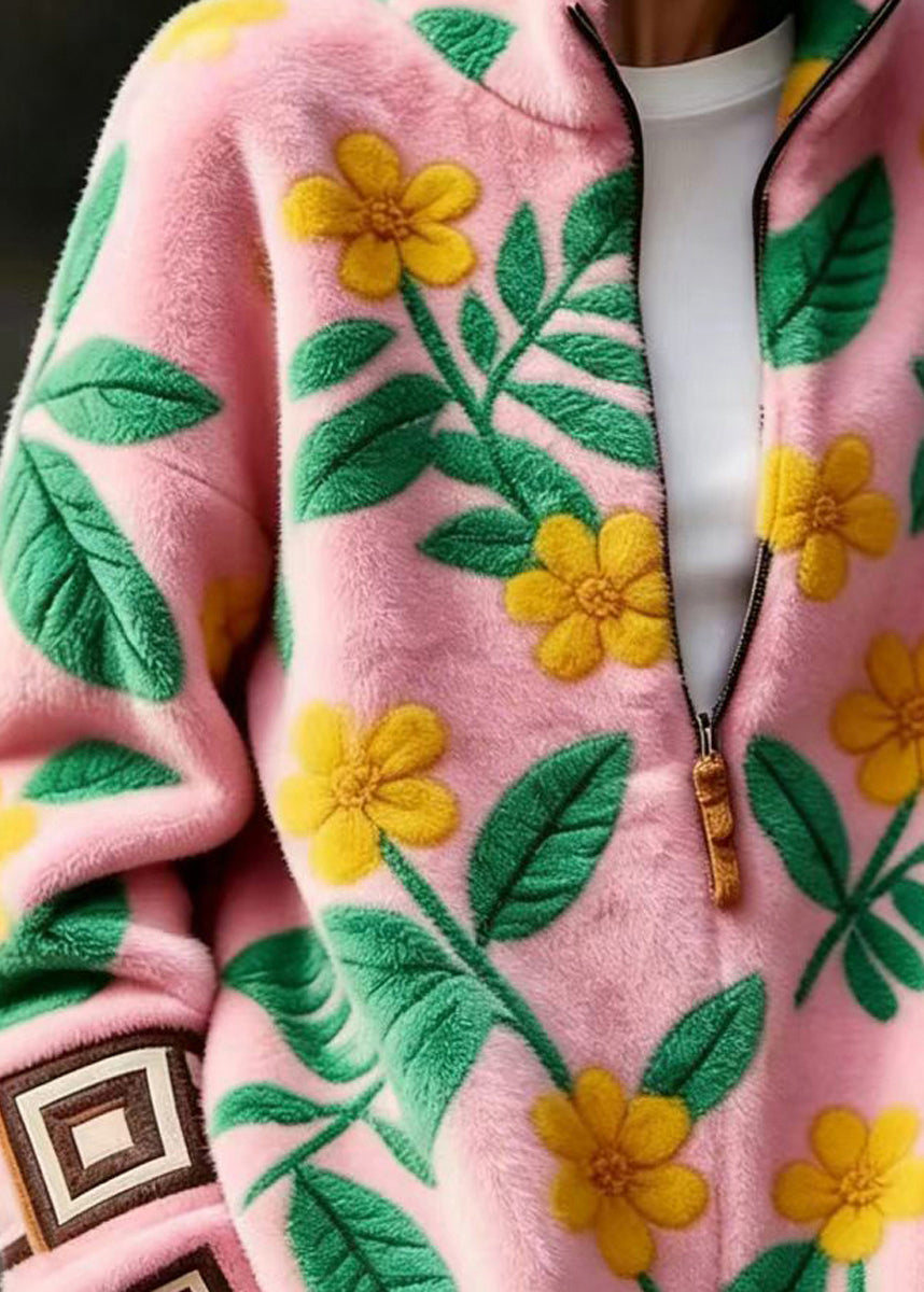 Casual Pink Stand Collar Zippered Floral Mink Hair Knitted Sweater Fall