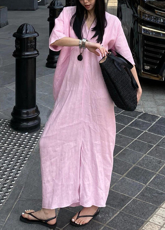 Casual Pink V Neck Cotton Long Dresses Summer
