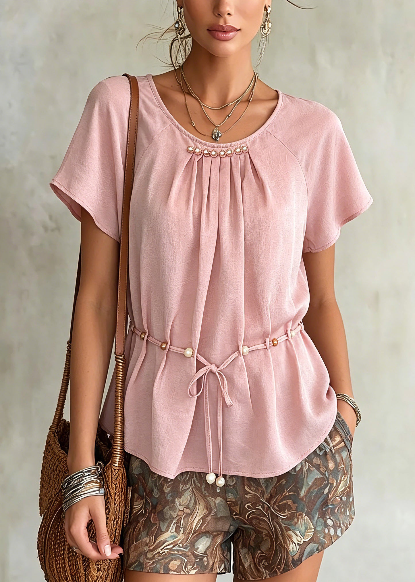 Casual Pink Wrinkled Tie Waist Chiffon Shirts Summer