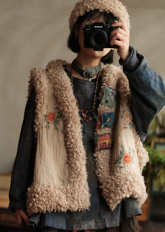 Casual Print Faux Fur Patchwork Fine Cotton Filled Vest Sleeveless
