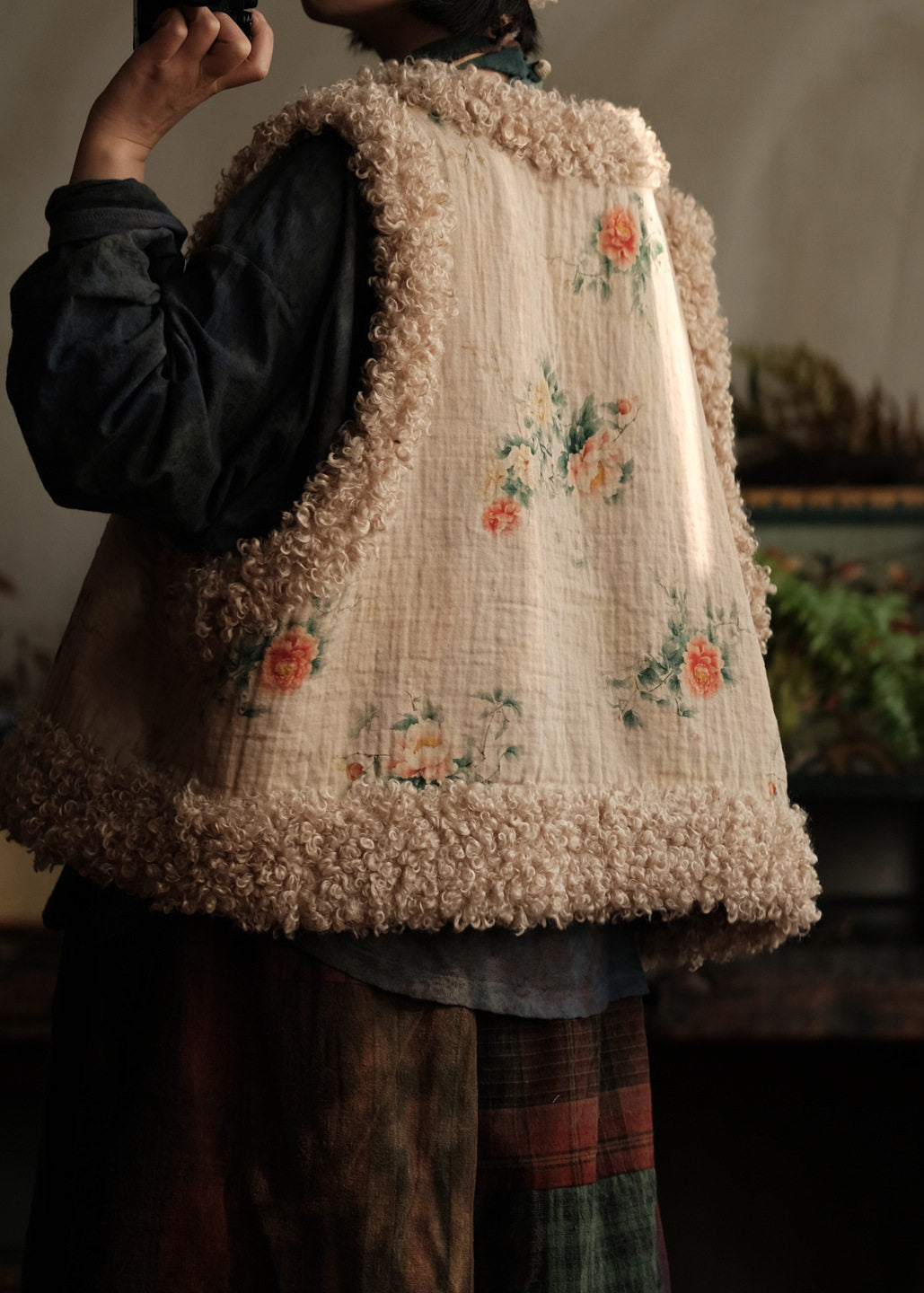 Casual Print Faux Fur Patchwork Fine Cotton Filled Vest Sleeveless