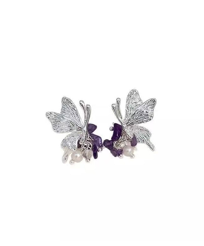 Casual Purple Copper Alloy Zircon Butterfly Pearl Stud Earrings